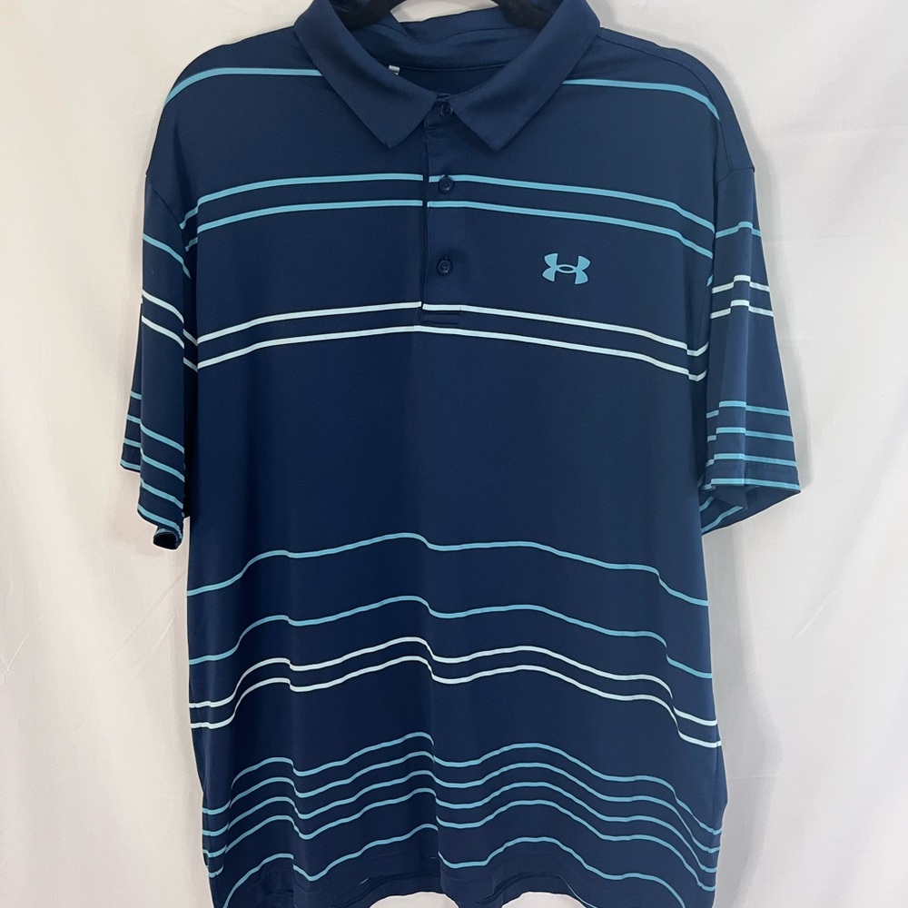 Under Armour Men's Golf Polo Shirt in Navy and Aqua Stripes Sz 2XL